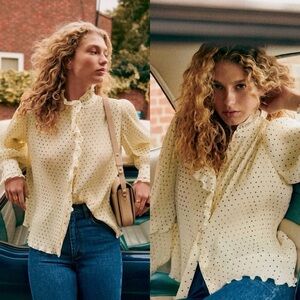 SÈZANE-COLINE PLEATED MINI POLKA DOT & RUFFLE DETAIL LONG SLEEVE BLOUSE